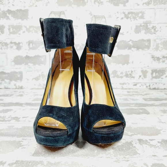 Nine West Ivorie Navy Blue Ankle Strap Buckle OpenToe Platform Chunky Heels i635 - Picture 3 of 12